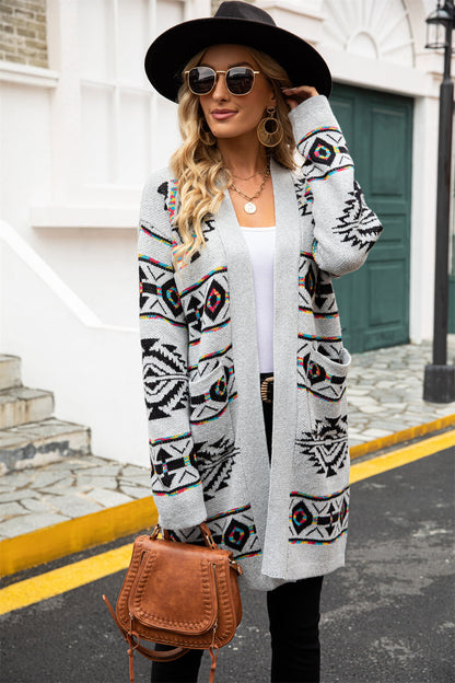 Printed Long Sleeve Cardigan with Pocket - Mulberry Skies