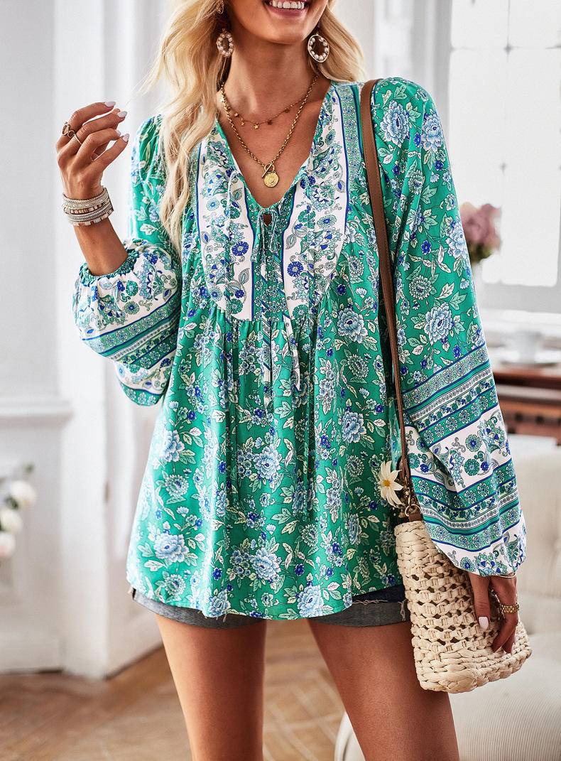 Boho All Over Print Long Sleeve Front Tie Blouse - Mulberry Skies