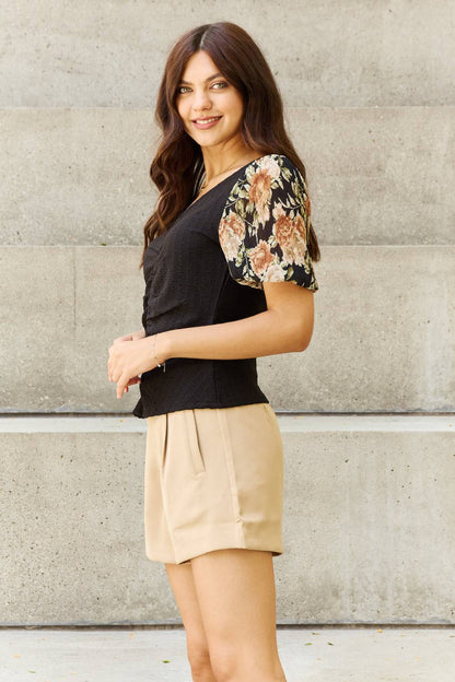And The Why Hold Me Close Full Size Floral Print Textured Sleeve Knit Top - Mulberry Skies