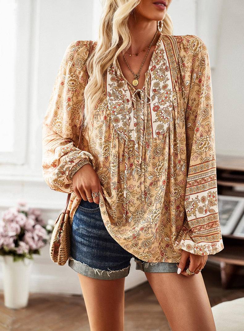 Boho All Over Print Long Sleeve Front Tie Blouse - Mulberry Skies