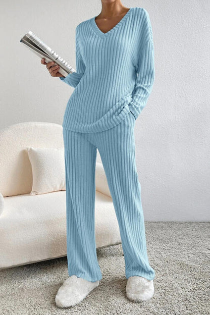 Ribbed V-Neck Top and Pants Set - Mulberry Skies
