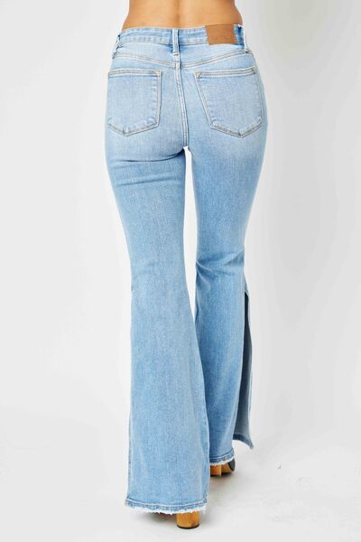 Judy Blue Full Size Mid Rise Raw Hem Slit Flare Jeans - Mulberry Skies
