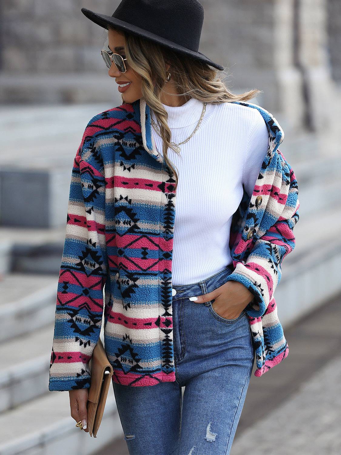 Geometric Button Down Dropped Shoulder Jacket - Mulberry Skies