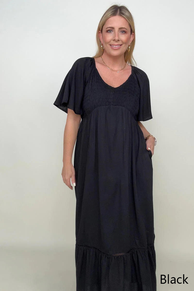 Smocked Bust Butterfly Sleeve Midi Dress with Pockets - Mulberry Skies
