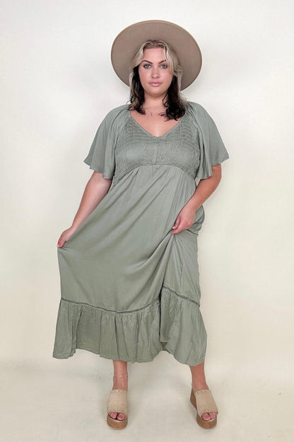 Smocked Bust Butterfly Sleeve Midi Dress with Pockets - Mulberry Skies