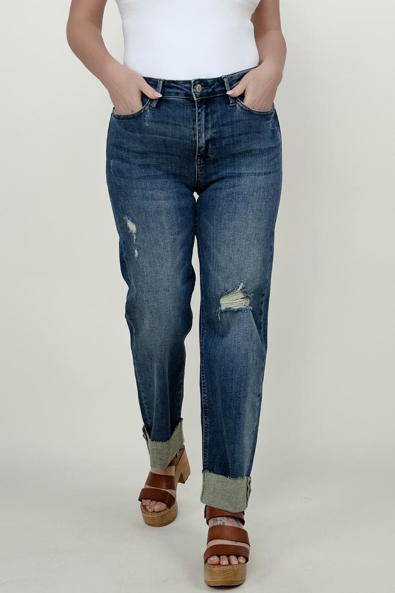 Judy Blue Mid-Rise Destroy &amp; Single Cuff Dad Jean Straight Jeans - Mulberry Skies