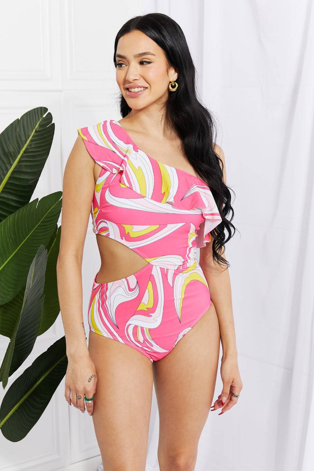 Vitamin C Asymmetric Cutout Ruffle Swimsuit in Pink-Mulberry Skies