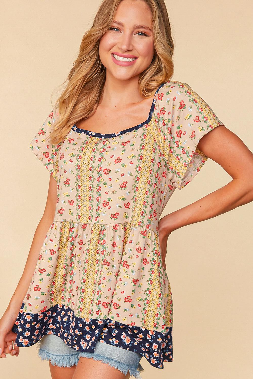 Floral Ruffle Frill Short Sleeve Babydoll Top-Mulberry Skies