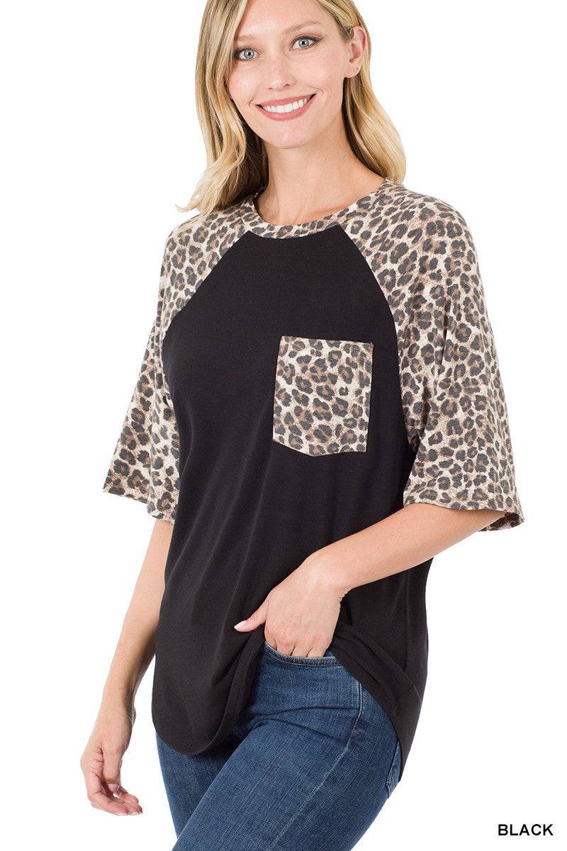 LEOPARD RAGLAN SLEEVE PATCH POCKET TOP-Mulberry Skies