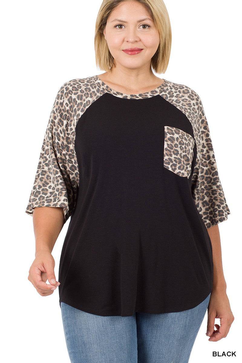 LEOPARD RAGLAN SLEEVE PATCH POCKET TOP-Mulberry Skies