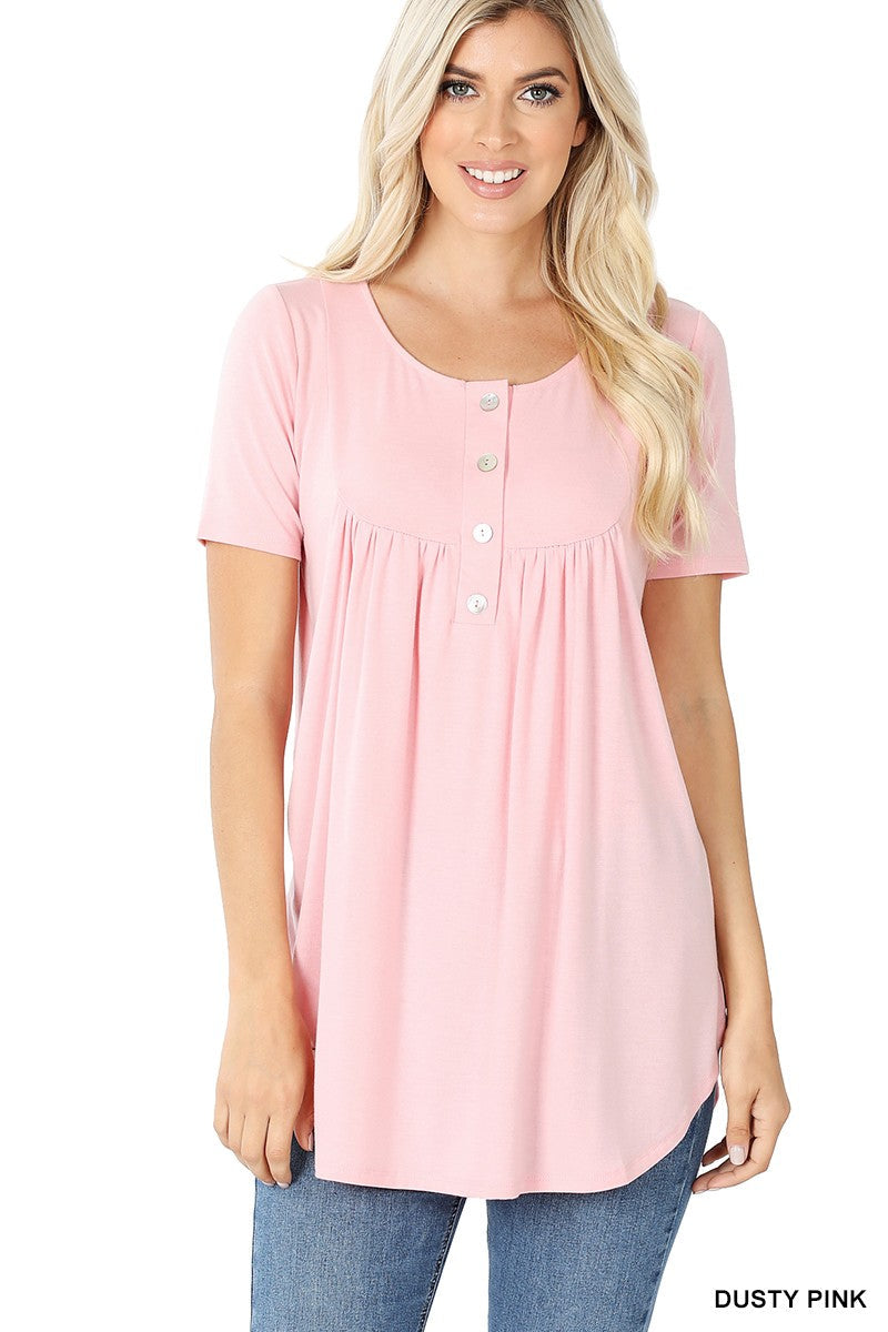 SHORT SLEEVE DOLPHIN HEM SHELL BUTTON TOP-Mulberry Skies